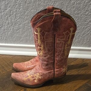 Corral Pink‎ And Gold Cross Cowboy Boots